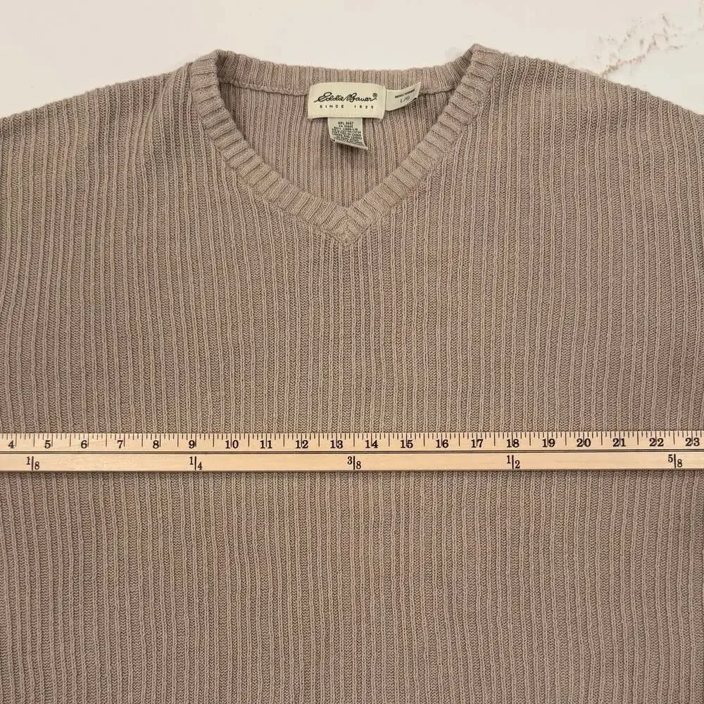 Eddie Bauer Men’s Tan Ribbed V-Neck Sweater Linen Cotton Blend Size L Vintage